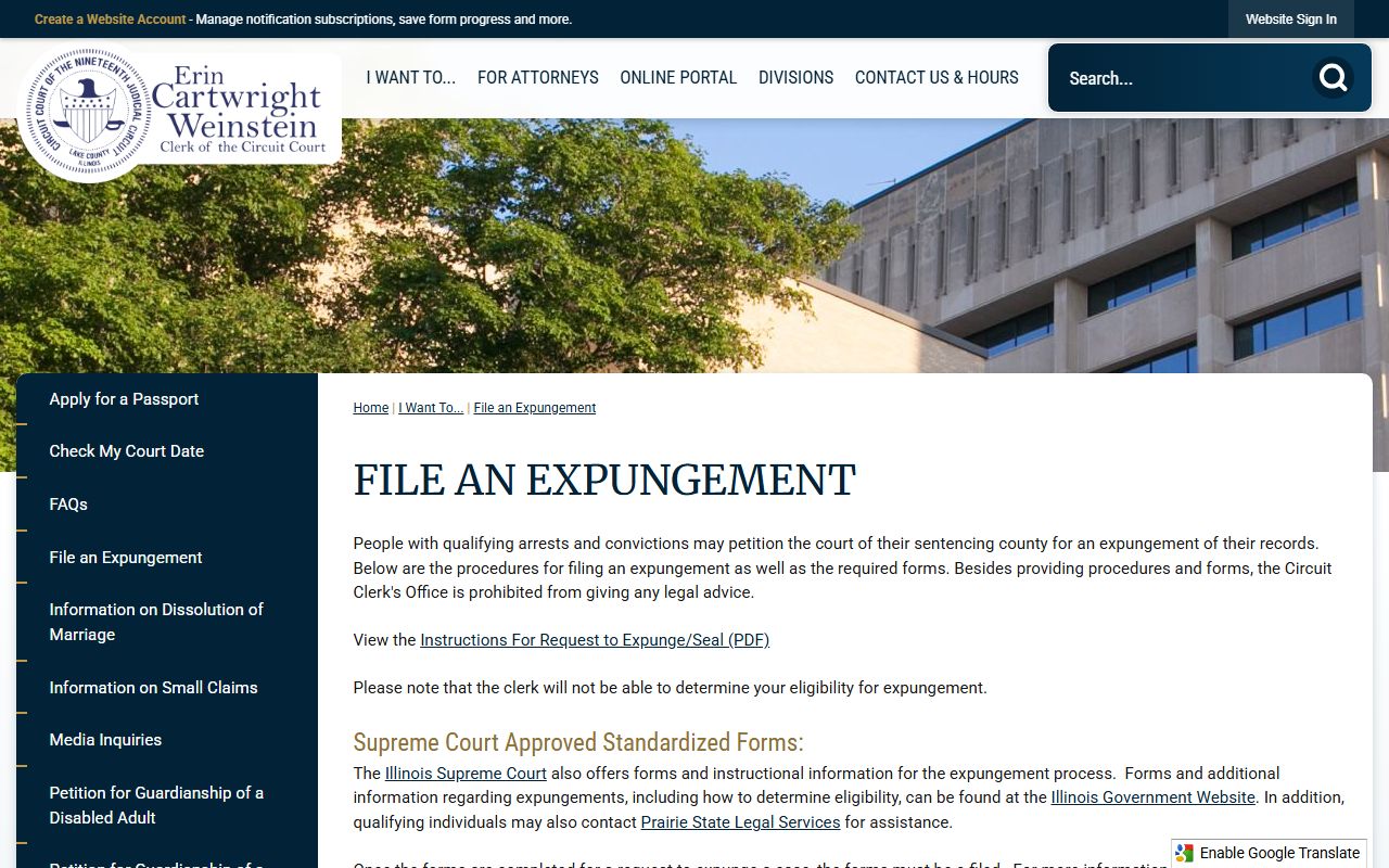 Lake County Circuit Clerk Expungement instructions page