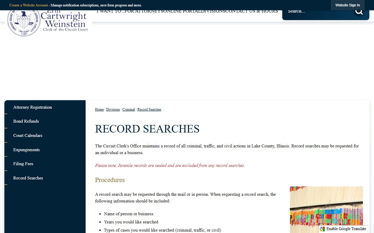 Lake County Circuit Clerk Record Searches page