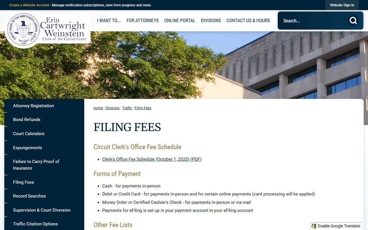 Lake County Circuit Clerk Filing Fees page