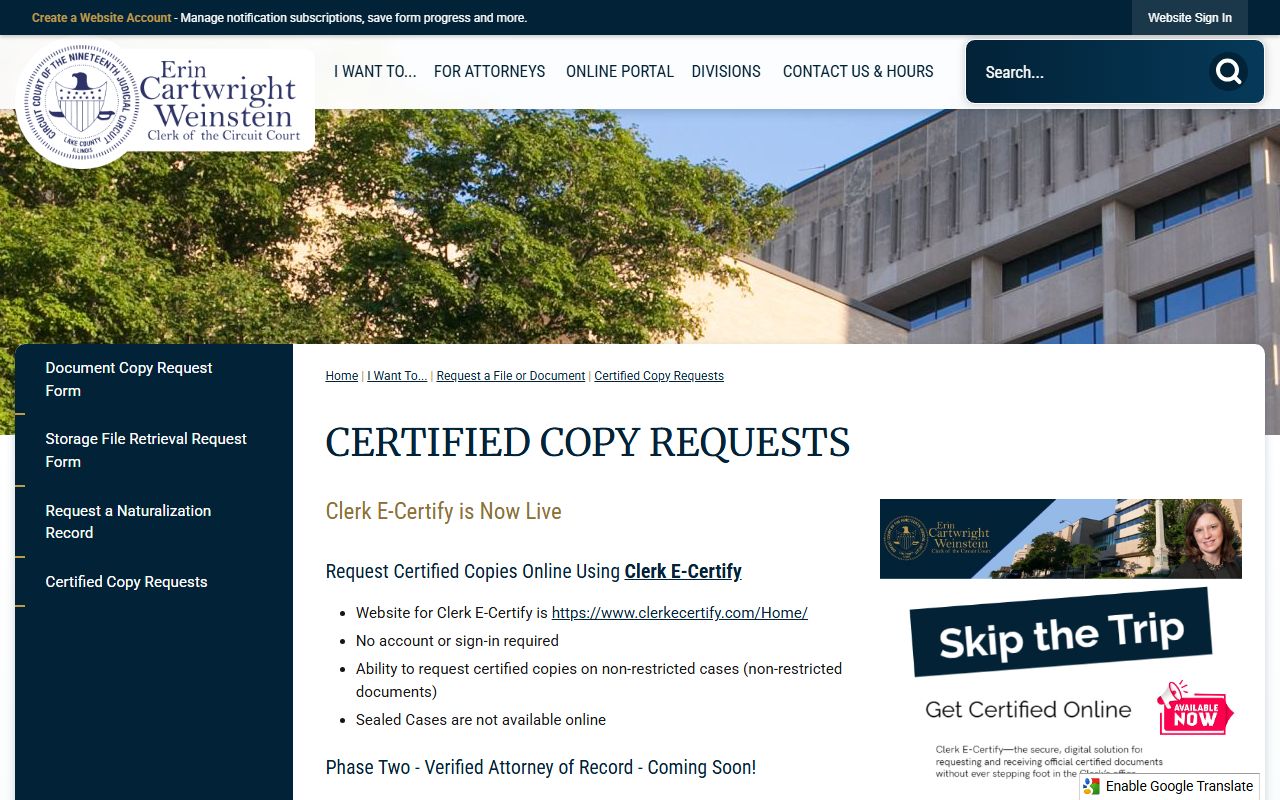 Lake County Clerk Certified Copy Requests page