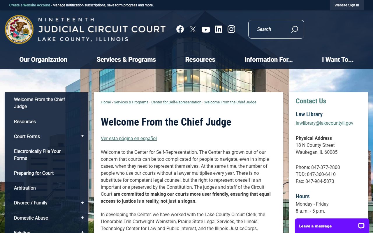 Lake County 19th Circuit welcome page from the Chief Judge