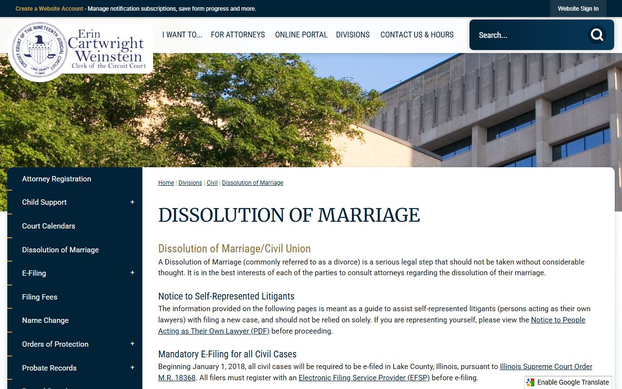 Lake County Circuit Clerk Information on Dissolution of Marriage page