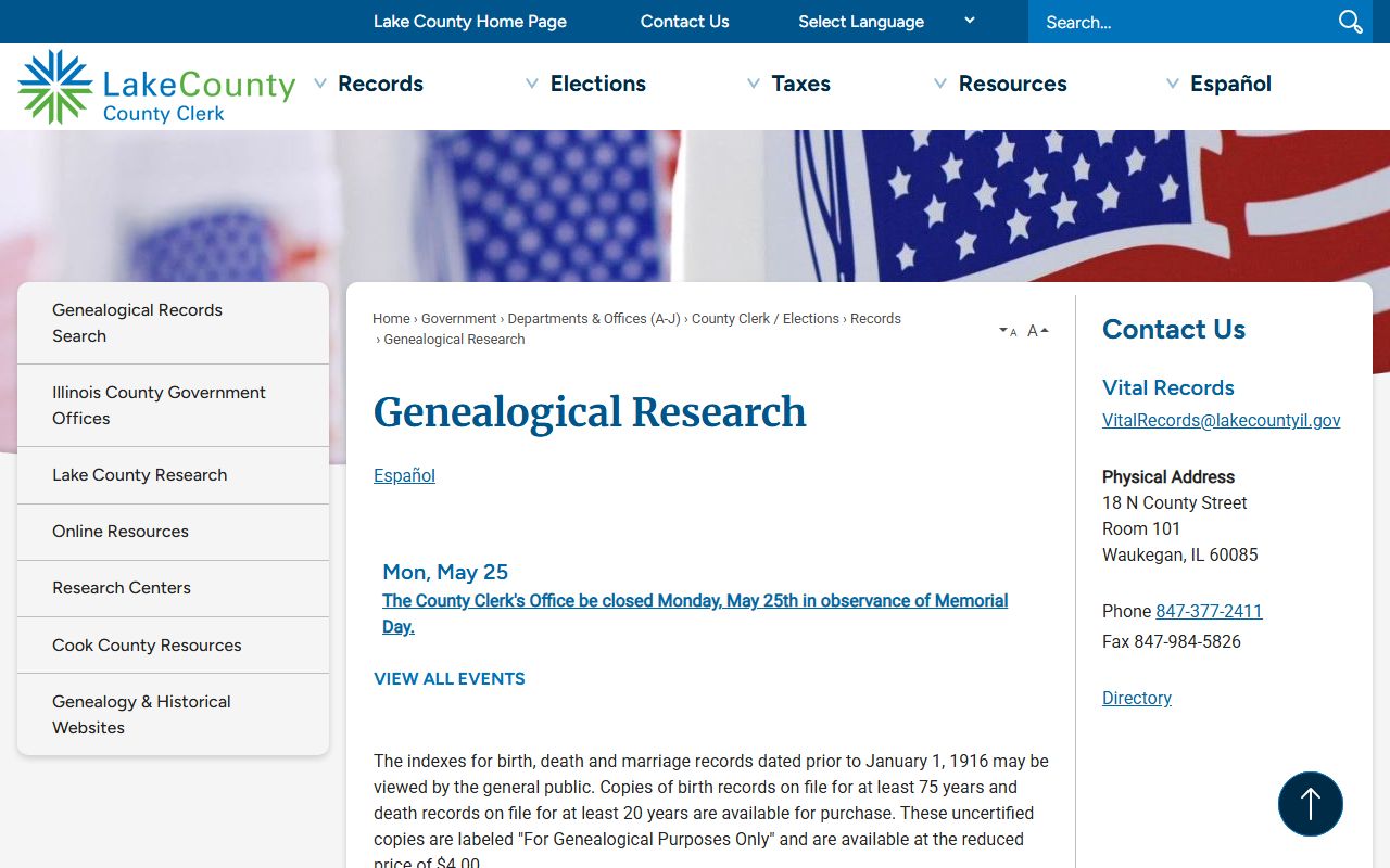 Lake County Clerk Genealogical Research page