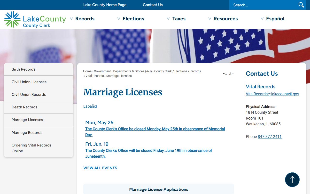 Lake County Clerk Marriage Licenses page