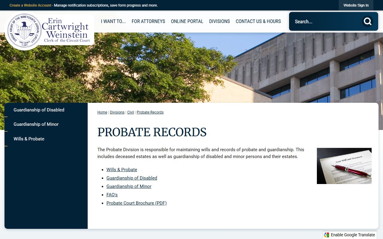 Lake County Circuit Clerk Probate Records page
