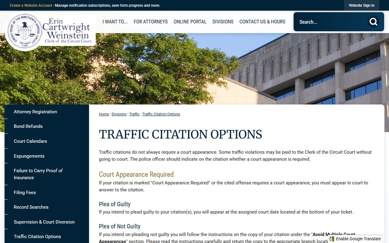 Lake County Circuit Clerk Traffic Citation Options page