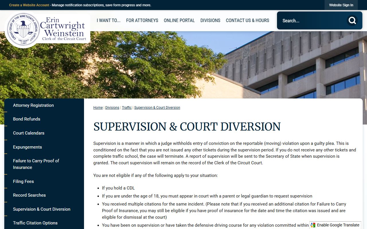 Lake County Circuit Clerk Supervision and Court Diversion page