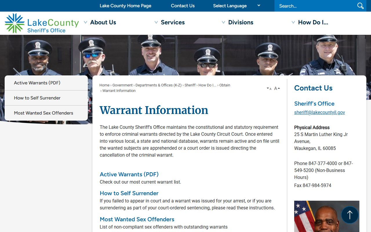 Lake County Sheriff Warrant Information page