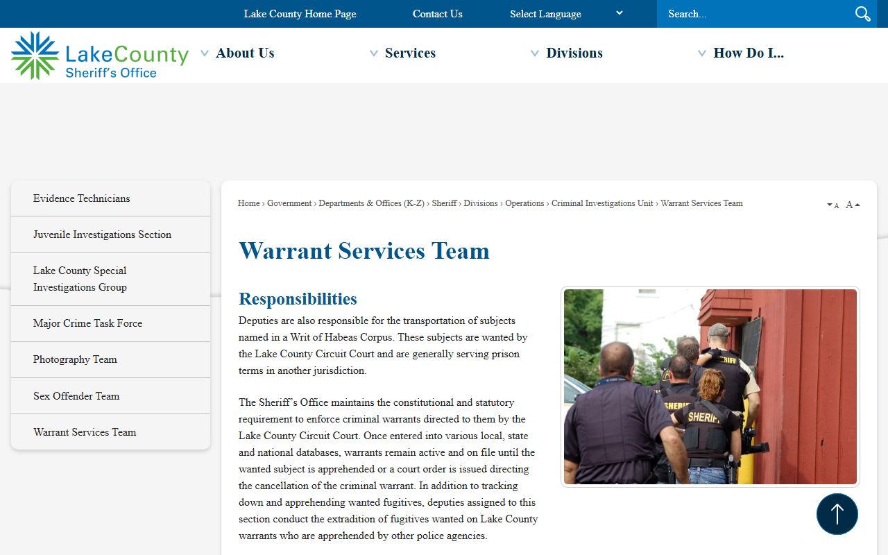Lake County Sheriff Warrant Services Team page